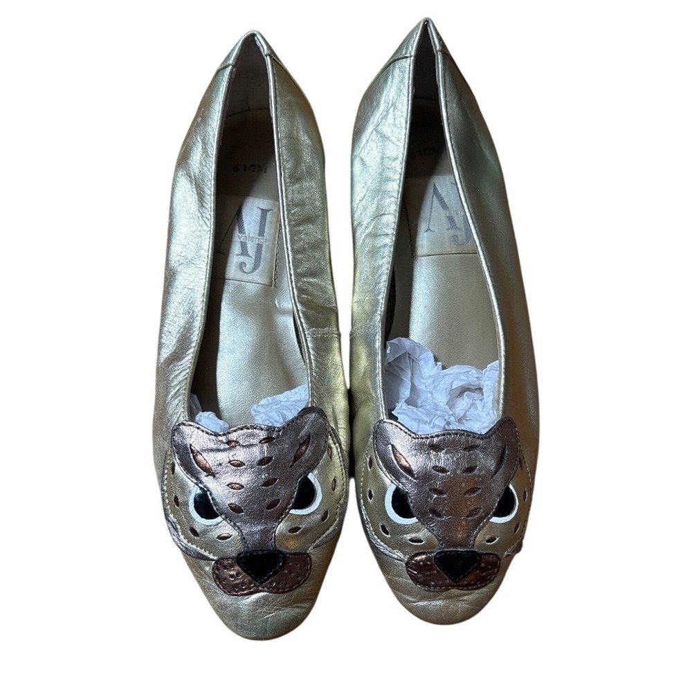AJ Valenci Ballet Flats Women Gold Metallic Leather Leopard Cat Face SIZE 6.5M